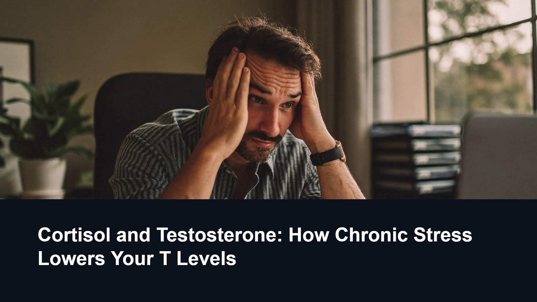 Stressed man showing signs of cortisol and testosterone imbalance from chronic stress
