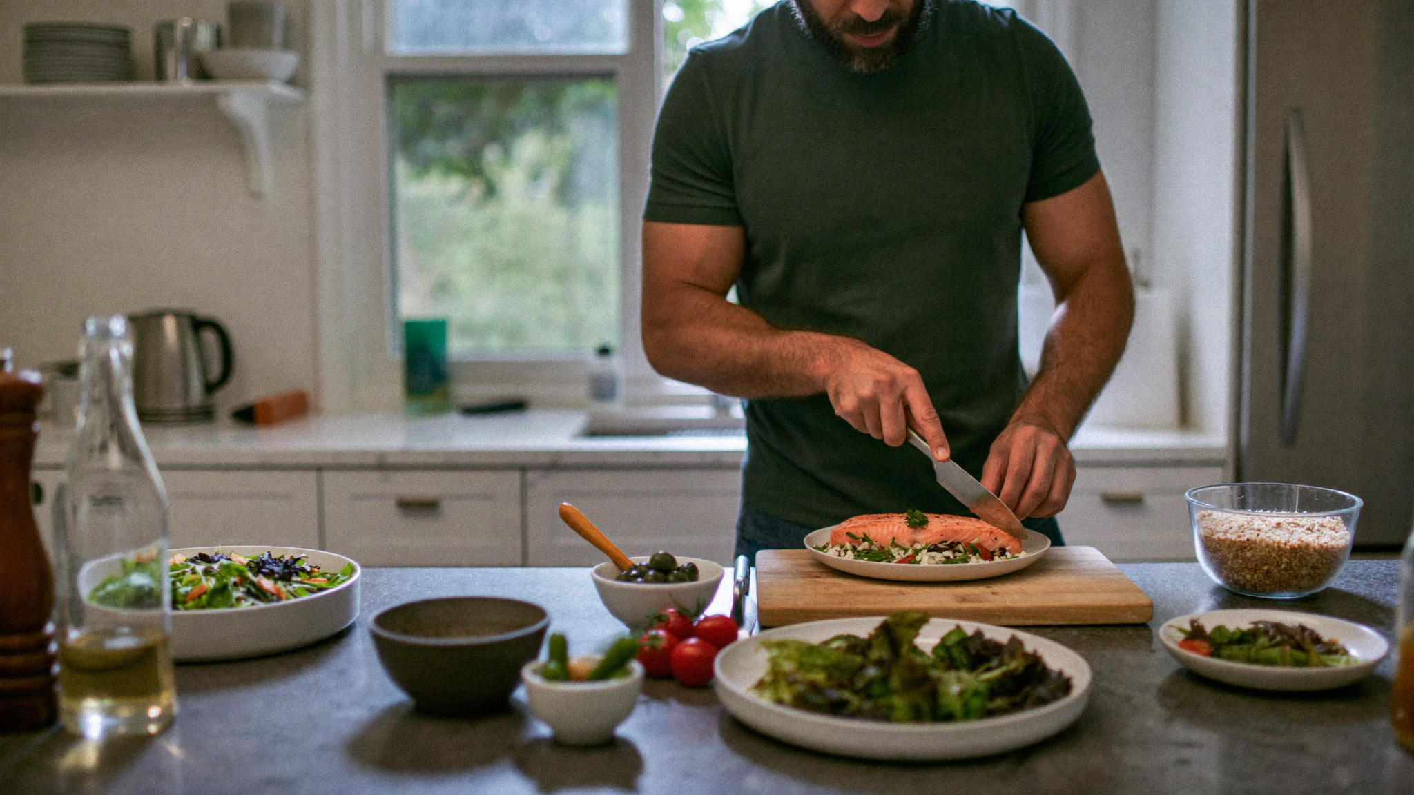 men's nutrition after 40 — healthy meal prep with salmon and vegetables
