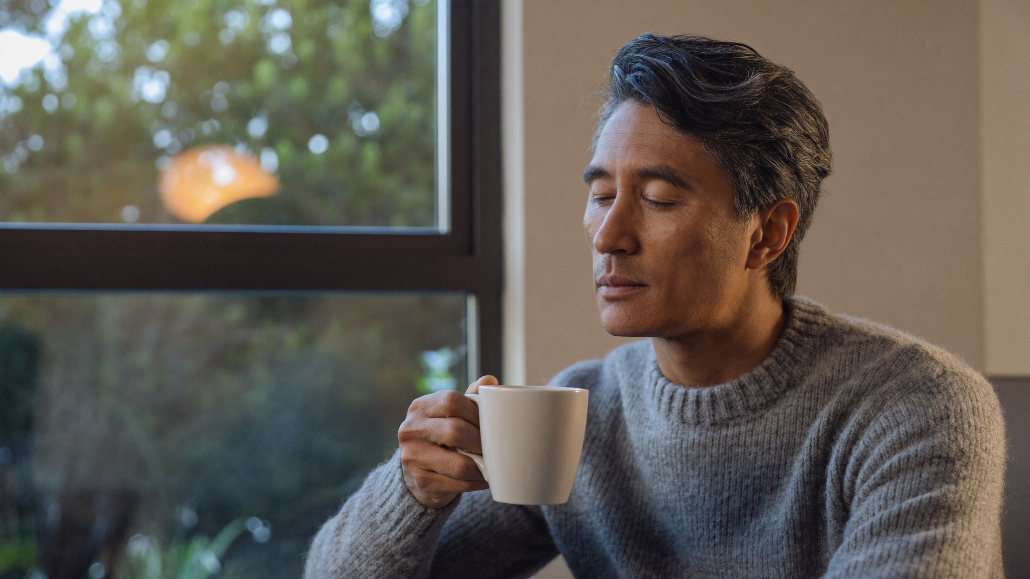 A calm man relaxing by a window; the best ashwagandha for testosterone and stress support