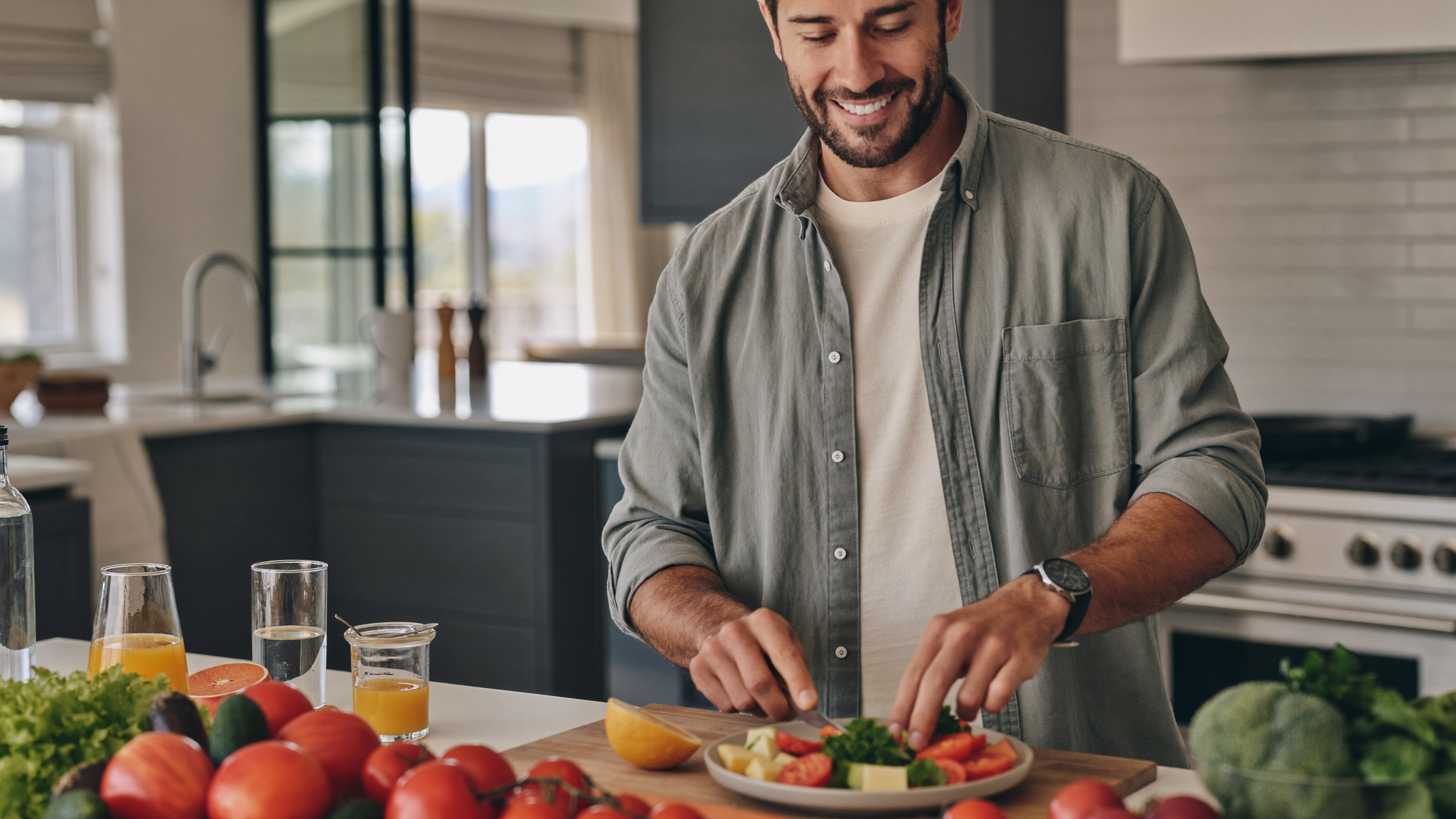 A man in his 40s preparing a healthy breakfast; the best men’s multivitamin after 40