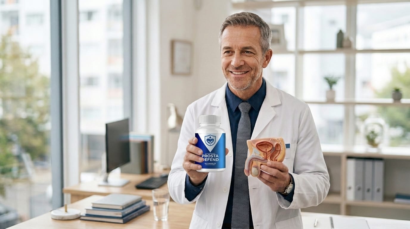 Doctor explaining prostate anatomy while holding ProstaDefend supplement bottle