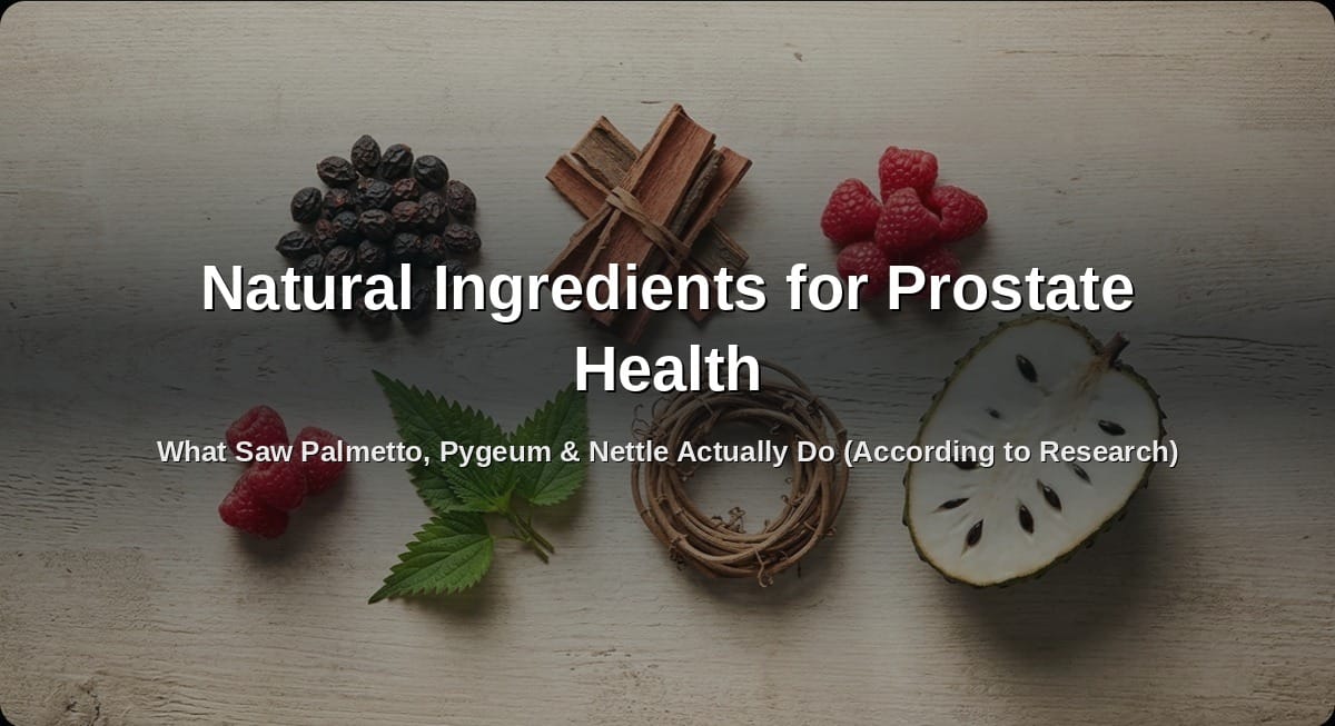 Natural Ingredients for Prostate Health — flat-lay of saw palmetto, pygeum bark, nettle, red raspberry, cat's claw, and soursop with article title overlay