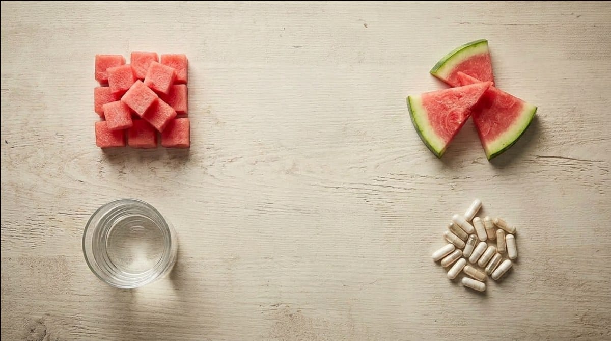 L-citrulline for blood flow: fresh watermelon, a natural citrulline source, next to citrulline capsules