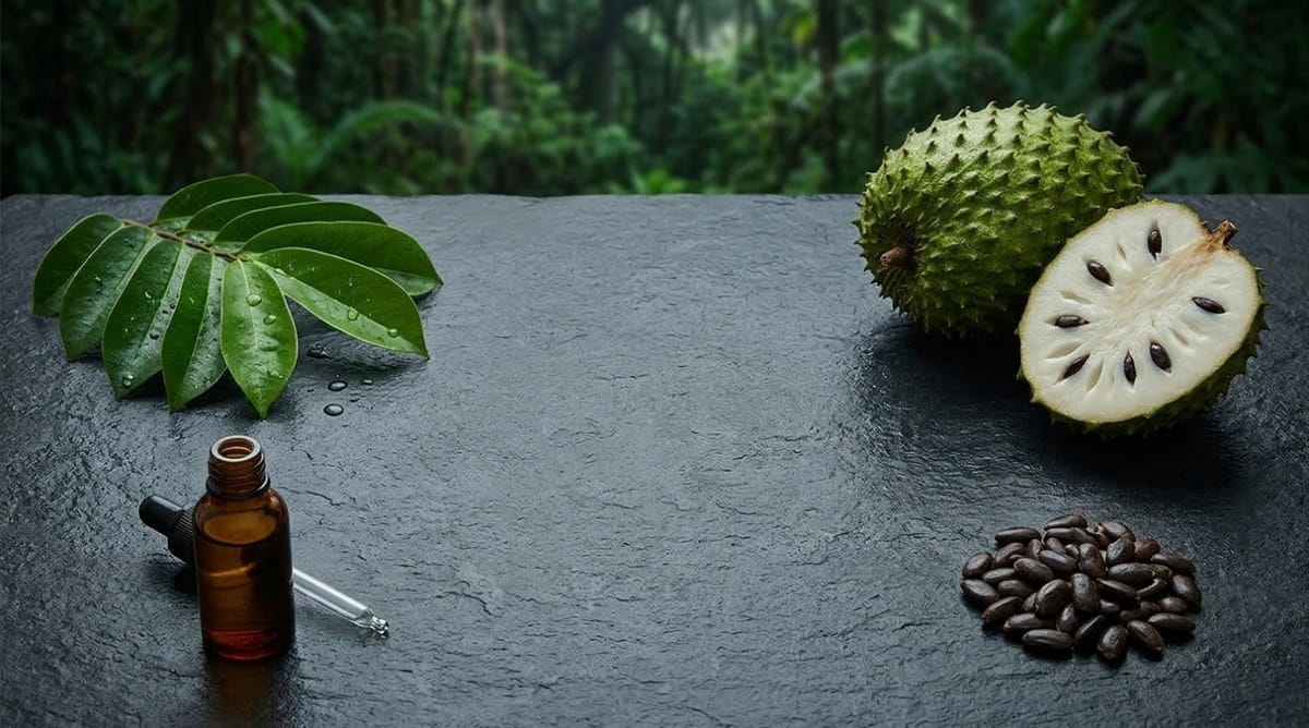 Serene Herbs Soursop Bitters main ingredient: whole and halved soursop (graviola) fruit with leaves and seeds