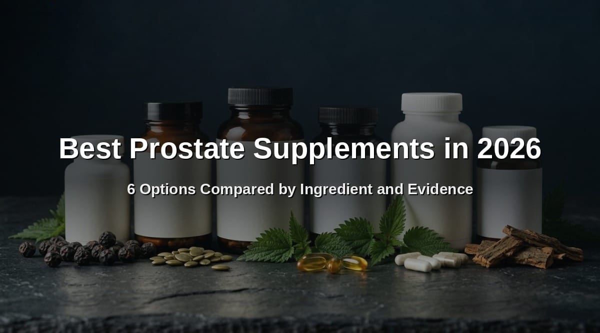 Best prostate supplements in 2026: six supplement bottles with saw palmetto berries, pumpkin seeds, nettle and pygeum bark
