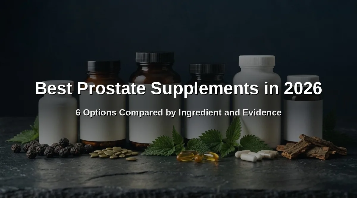 Best prostate supplements in 2026: six supplement bottles with saw palmetto berries, pumpkin seeds, nettle and pygeum bark