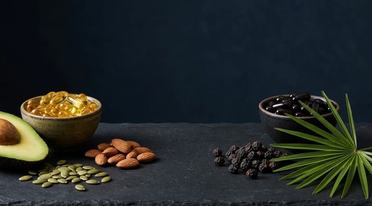 Plant sterol foods and softgels next to saw palmetto berries and a palm leaf