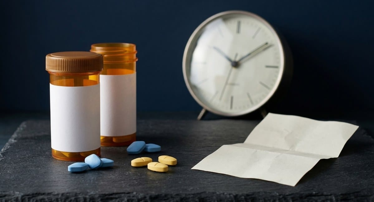 Cialis vs Viagra: generic tadalafil and sildenafil tablets next to pharmacy bottles and a clock