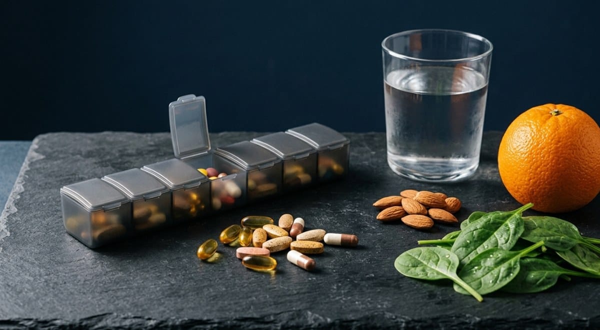 Best multivitamin for men over 40: pill organizer with multivitamin tablets next to water, an orange, almonds and spinach