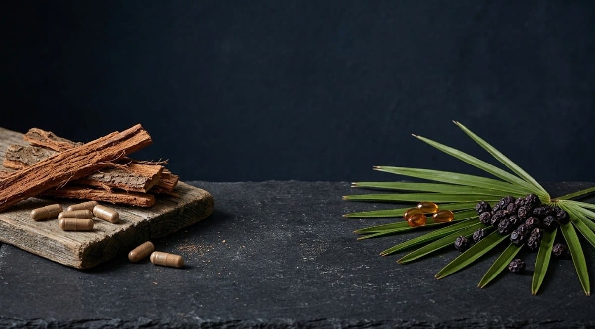 Pygeum bark with capsules next to saw palmetto berries and softgels